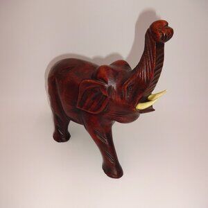 Vintage Carved Dark Wood Wooden Elephant Trunk Up Figurine 9" x 2-7/8" x 7-5/8"